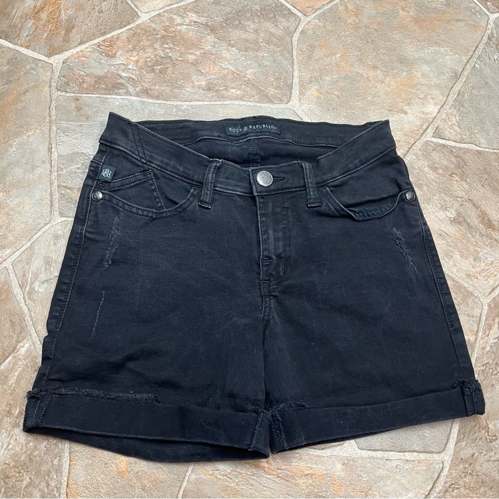 Rock & Republic Bumpershoot Black Distressed Denim Shorts Womens 6
